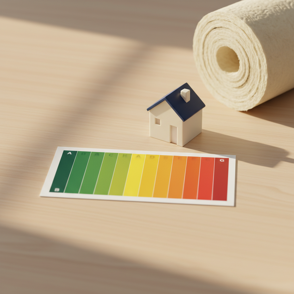 Huis-illustratie met kleurrijke energielabel-balk van A naar G, daglicht en moderne stijl