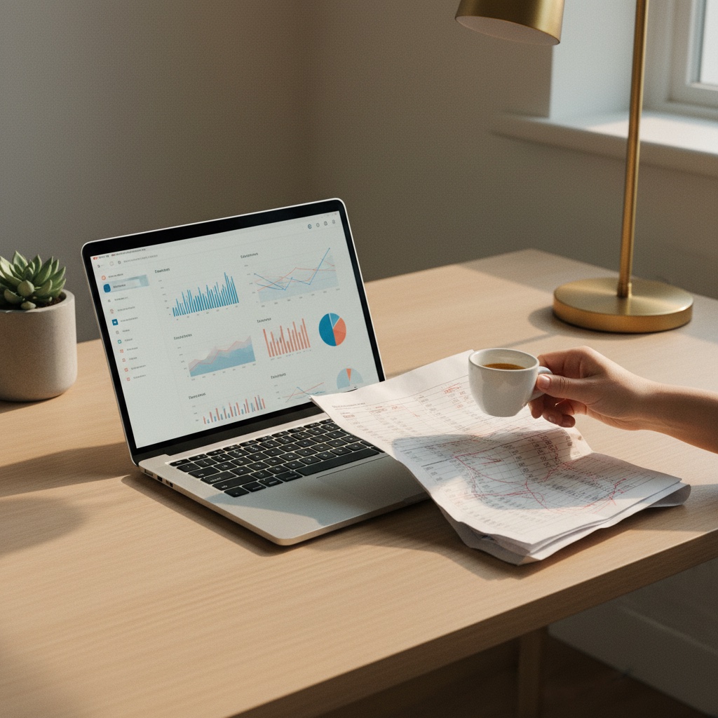 Bureau met laptop dat een dashboard toont, naast een uitgeprinte Excel-sheet die opzij wordt geschoven