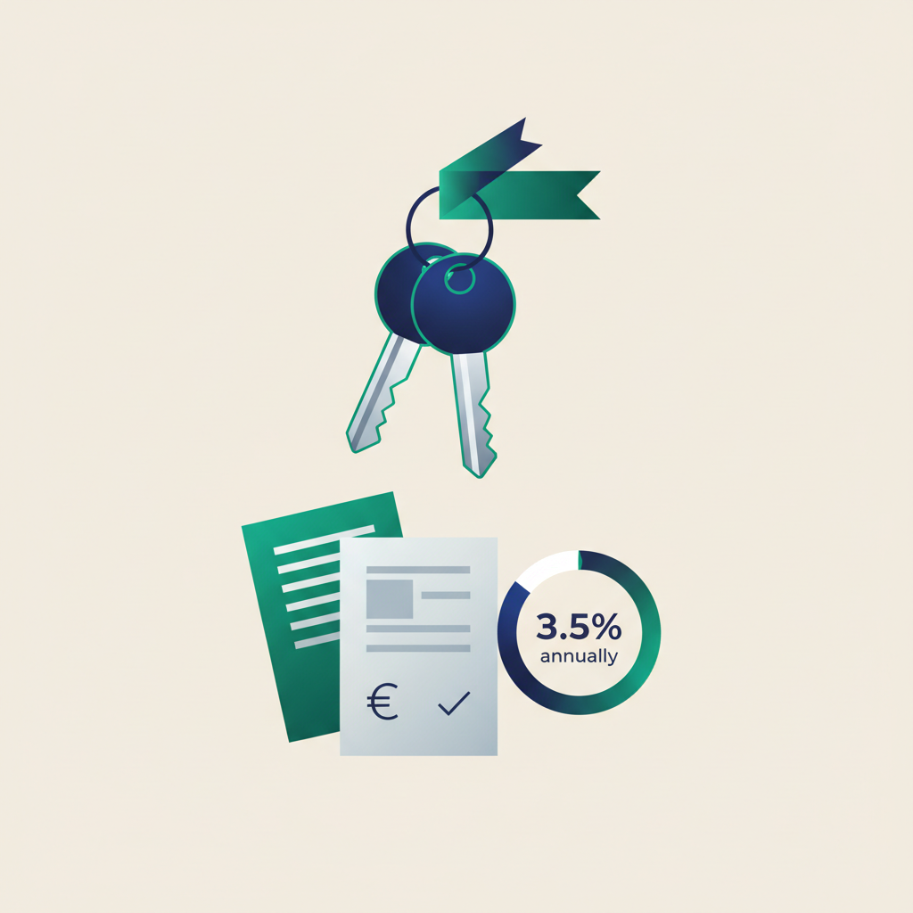 Sleutels en huurcontract met percentage-indicator voor jaarlijkse huurindexatie