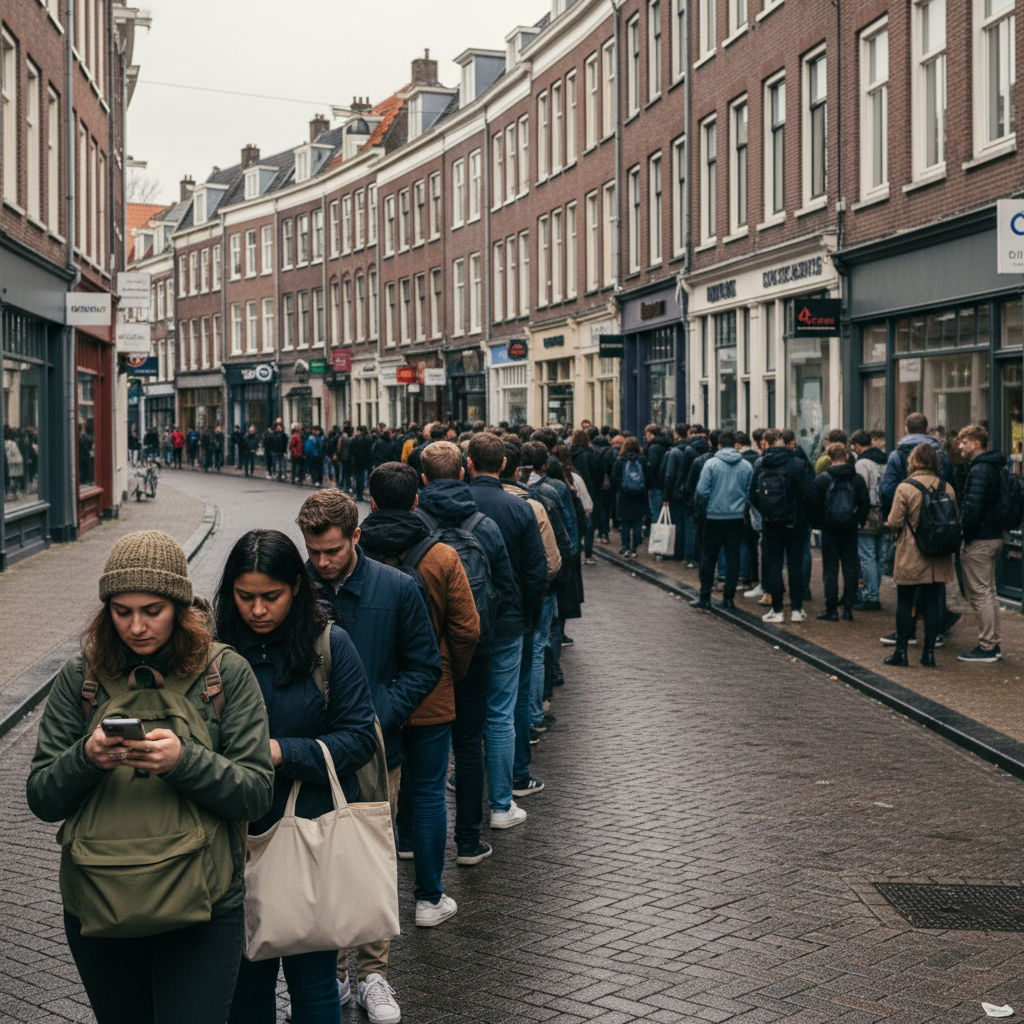 Rij wachtenden voor een huurwoning, een actueel beeld van de Nederlandse huurmarkt in 2026
