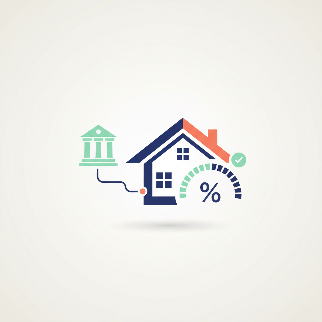 Illustratie van bank, beleggingswoning en hypotheek-percentage in Propty-brand stijl