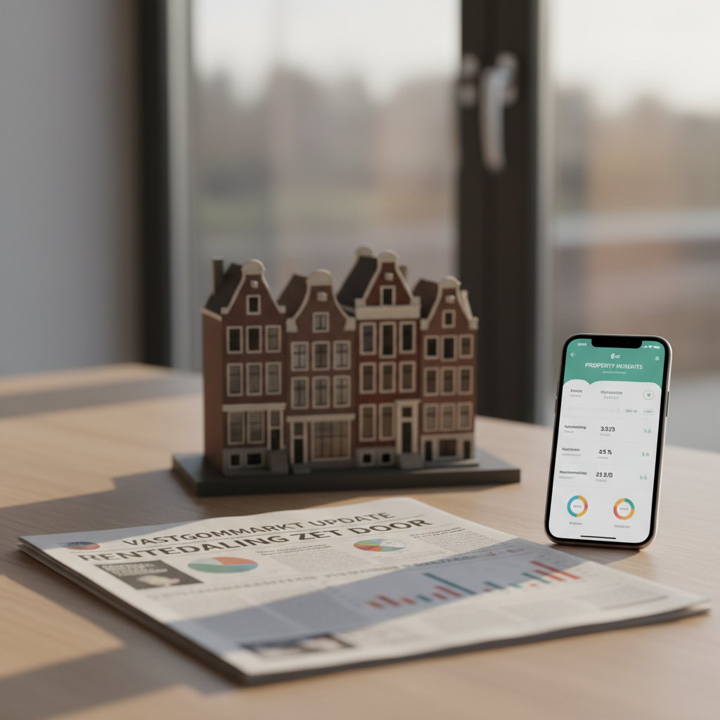 Schaalmodel van Nederlandse grachtenpanden met smartphone-dashboard en financiële krant op modern bureau