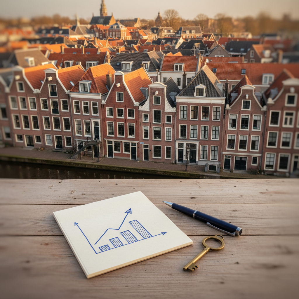 Nederlandse stadsgezicht met kaart van regio-rendementen 2026
