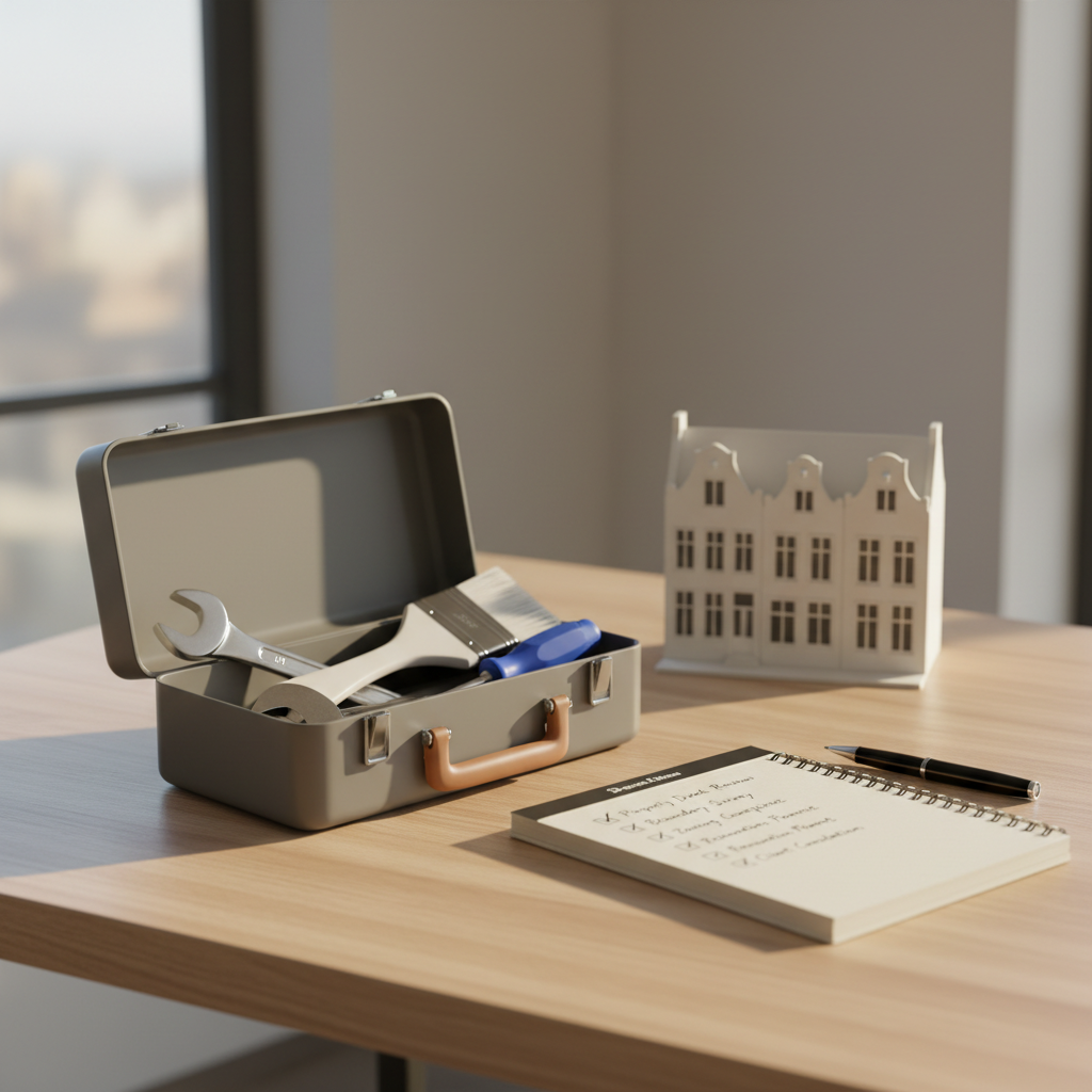Open gereedschapskist met sleutels en schroevendraaier, notitieblok met checklist en model van een Nederlands huis op modern bureau