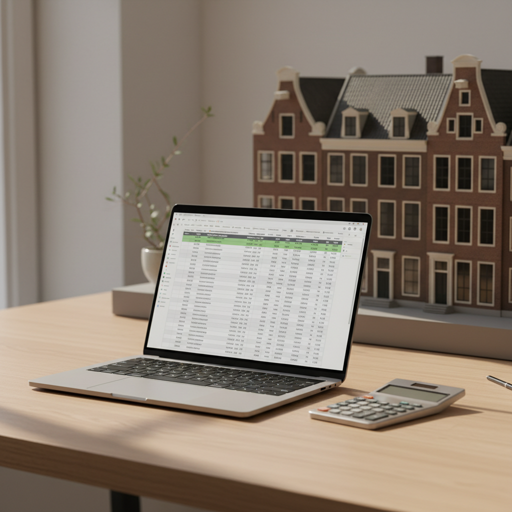 Laptop met rendement-berekening, rekenmachine en schaalmodel van een Nederlands rijtjeshuis op modern bureau