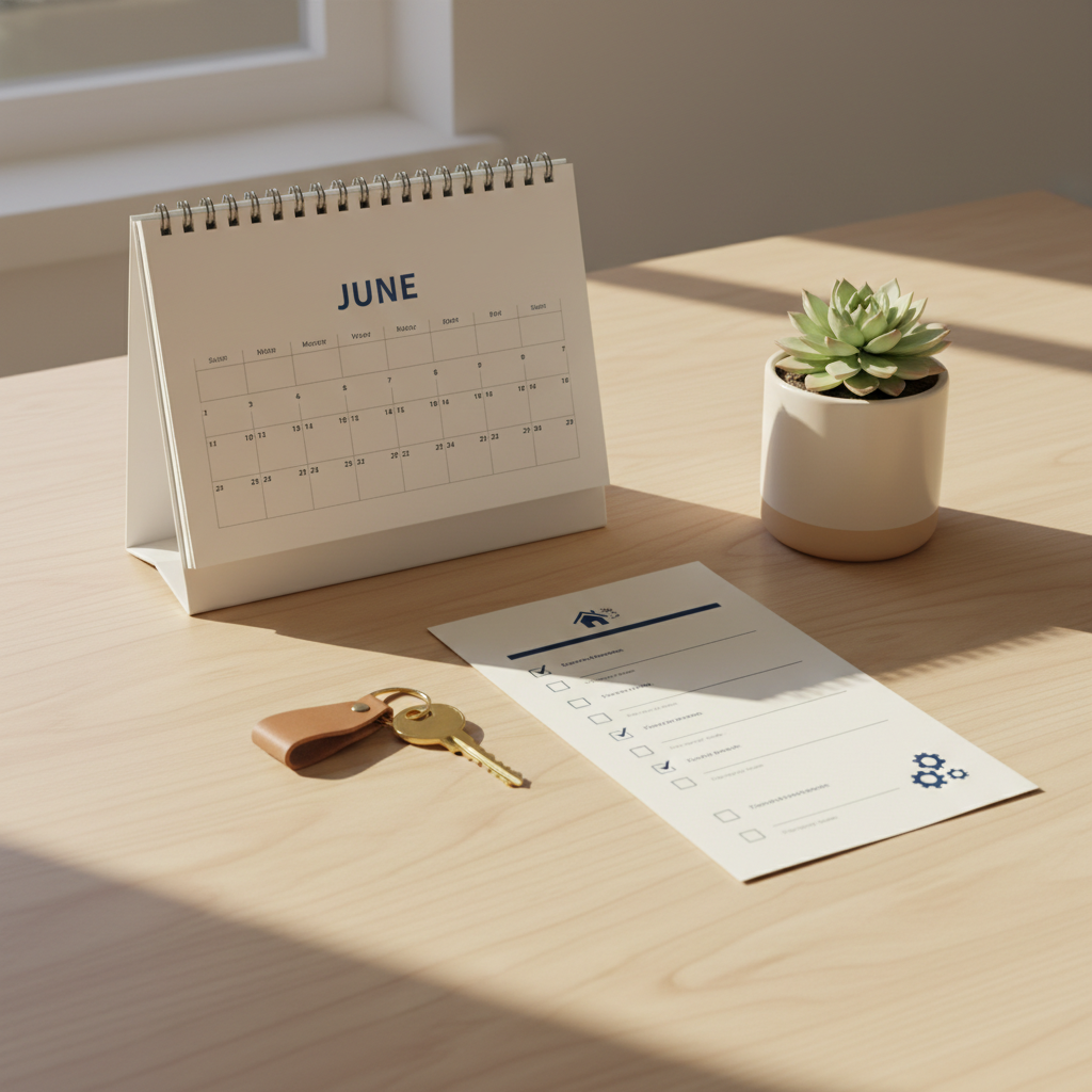 Sleutelhanger op tafel met checklist, kalender op juni en stadsgezicht op de achtergrond