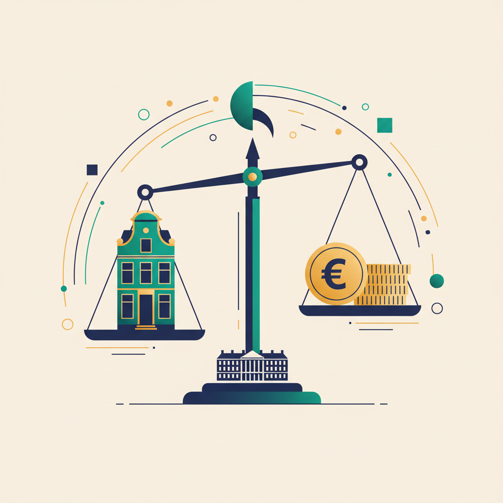 Schaal in evenwicht met een Nederlands huis en euromunten op kantoorbureau
