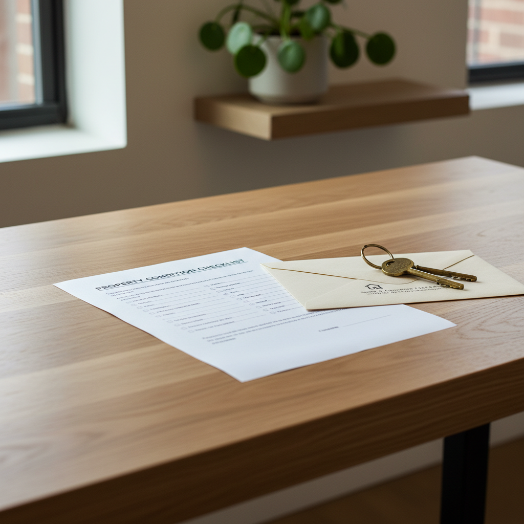 Inspectierapport en huissleutels op modern bureau met envelop op de achtergrond