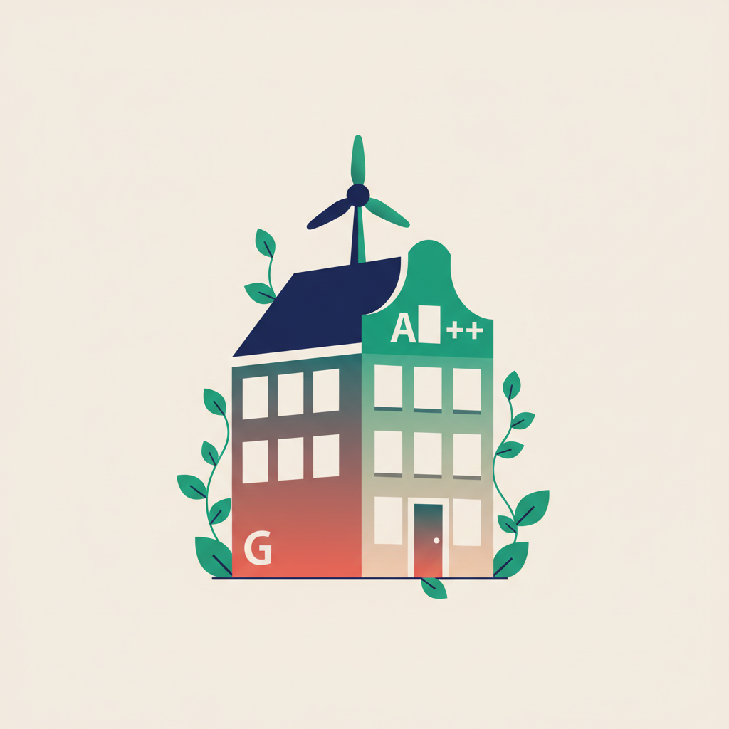 Nederlands huis met energielabel gradient van A naar G en groene plant