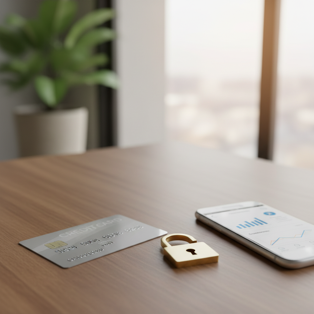 Bankkaart, smartphone met bank-app en hangslot op een modern bureau
