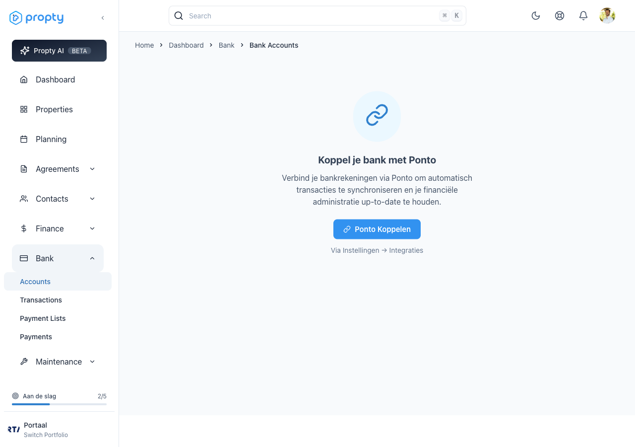 Empty state op Bank Accounts pagina met "Koppel je bank met Ponto" knop