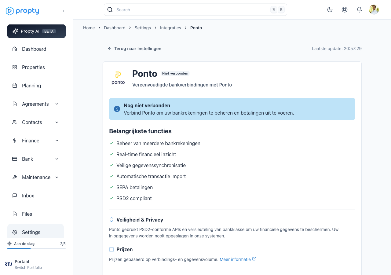 Ponto integration overview pagina met status Niet verbonden