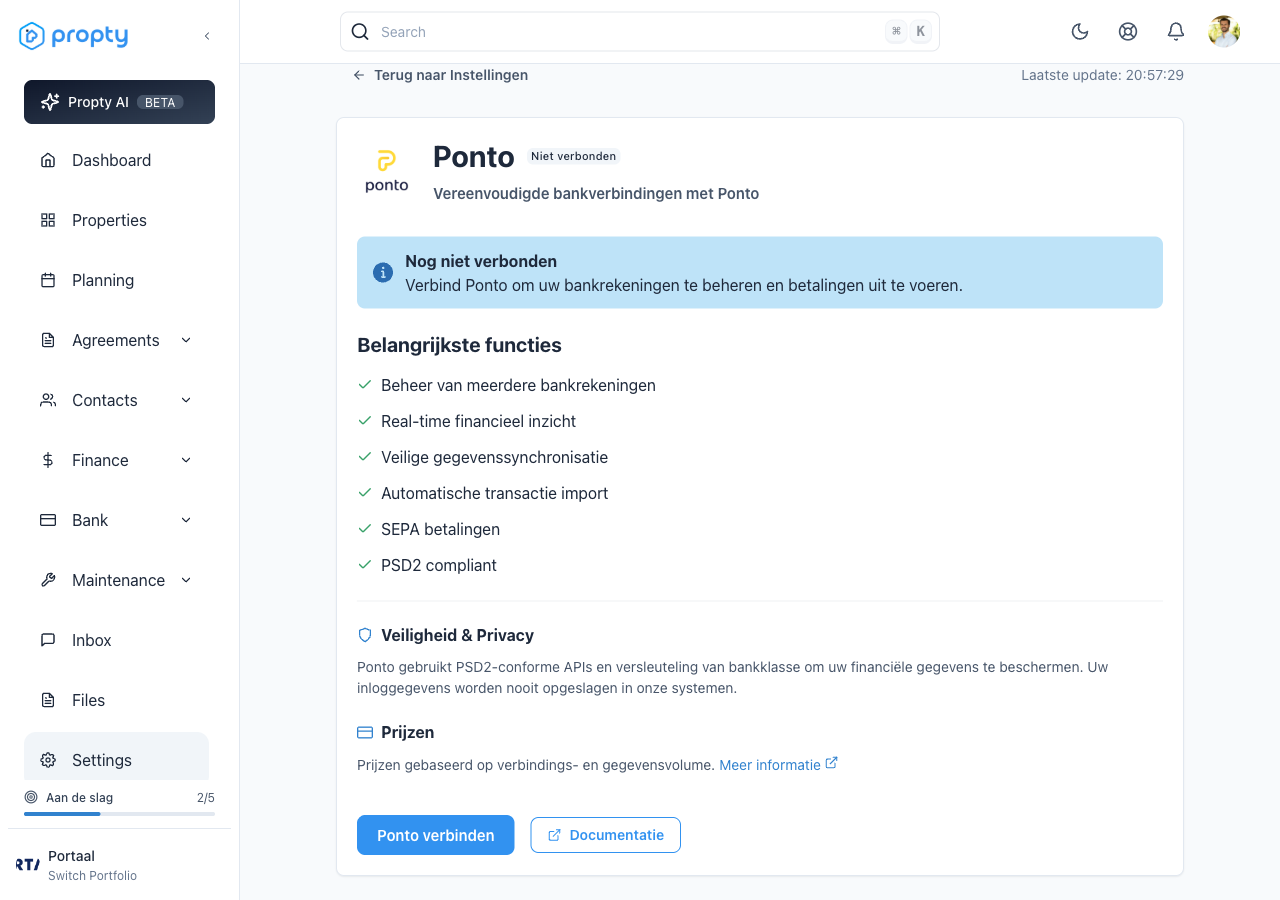 Ponto integratie pagina met "Ponto verbinden" knop onderin