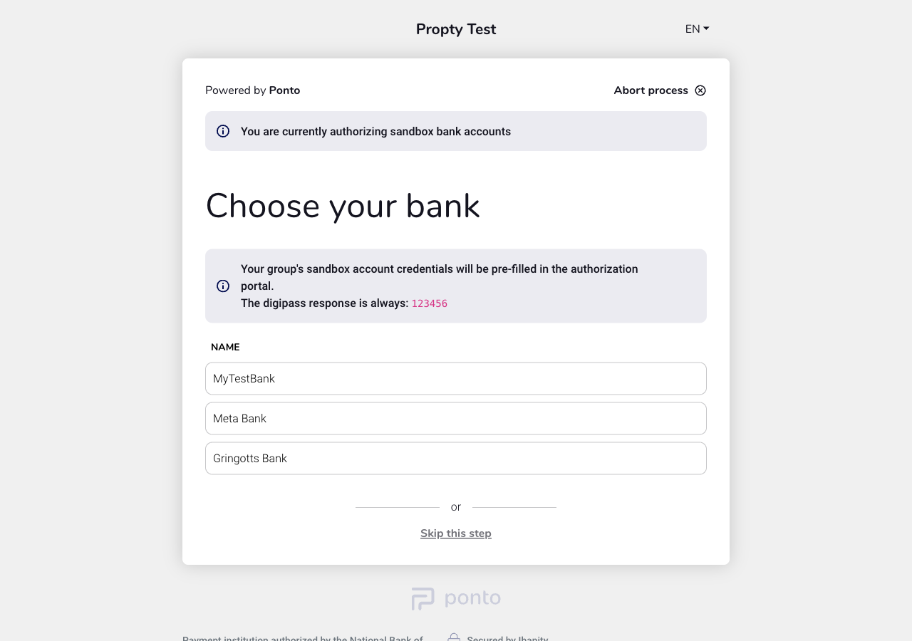 Ponto bank-selectiescherm met lijst beschikbare banken