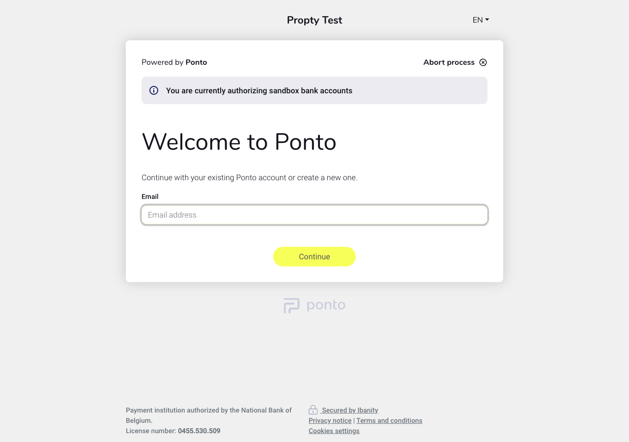 Ponto Welcome scherm met email-veld