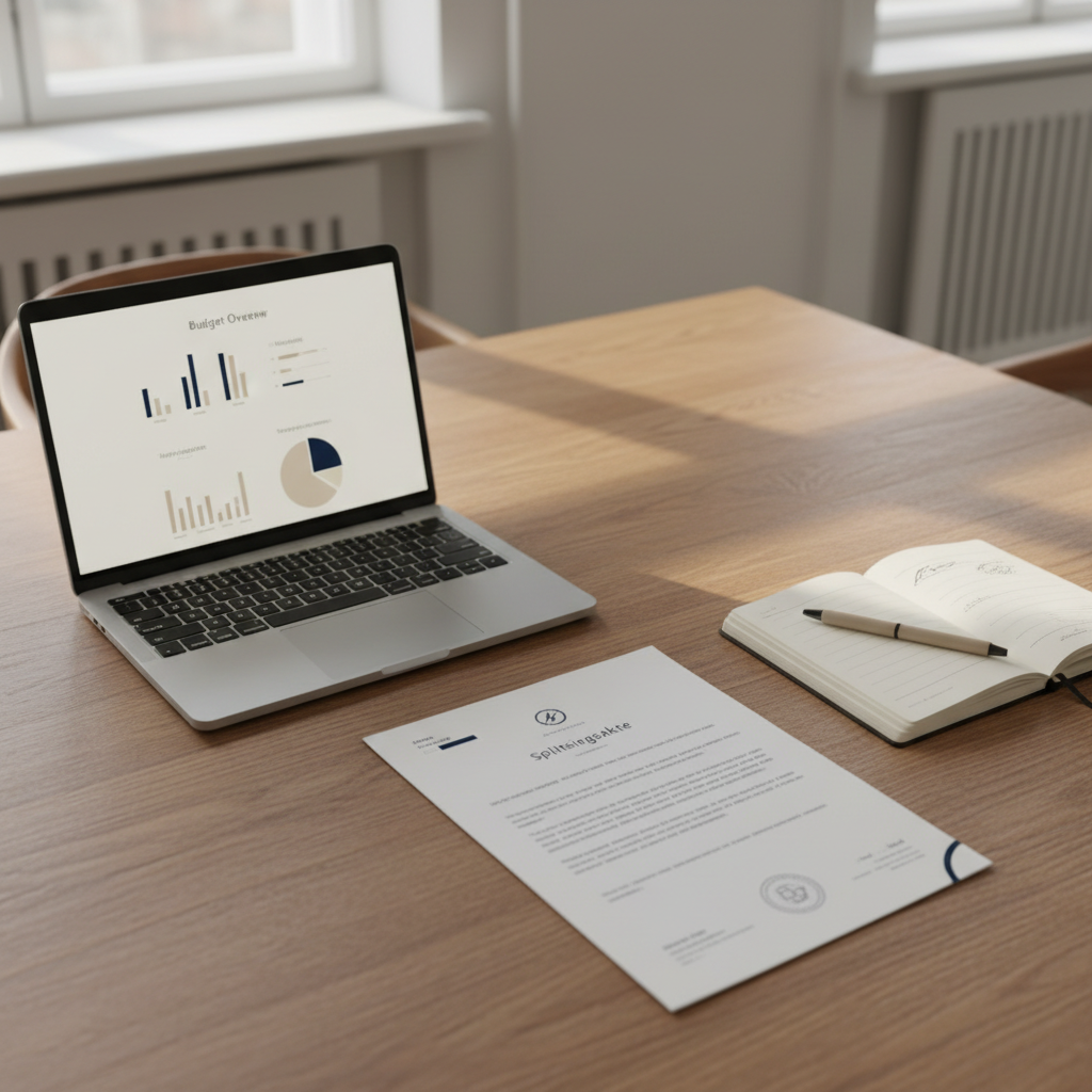 Bestuur van een VvE rond een tafel met splitsingsakte, notulenboek en een laptop met begrotingsdocument