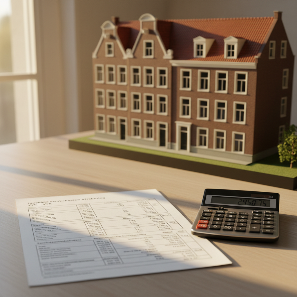 VvE jaarafrekening op modern bureau met rekenmachine en schaalmodel van een Nederlands appartementencomplex