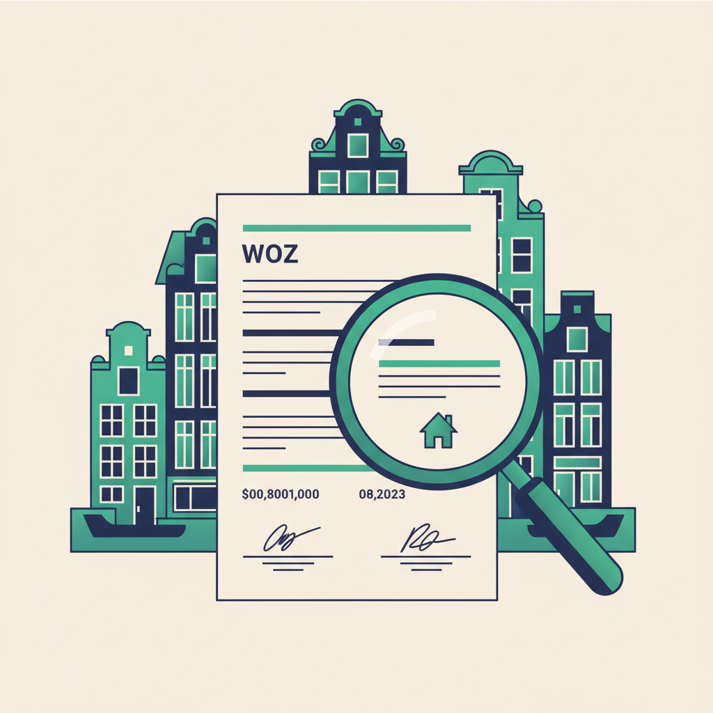 Document met WOZ-waarde, vergrootglas en Nederlandse woning