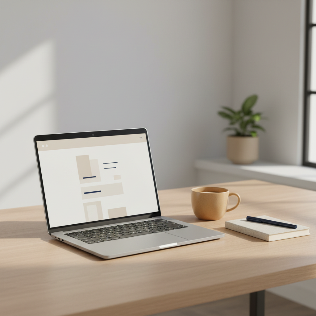 Laptop op houten bureau toont WOZ-waarde-opvraag scherm, met kop koffie en notitieblok ernaast